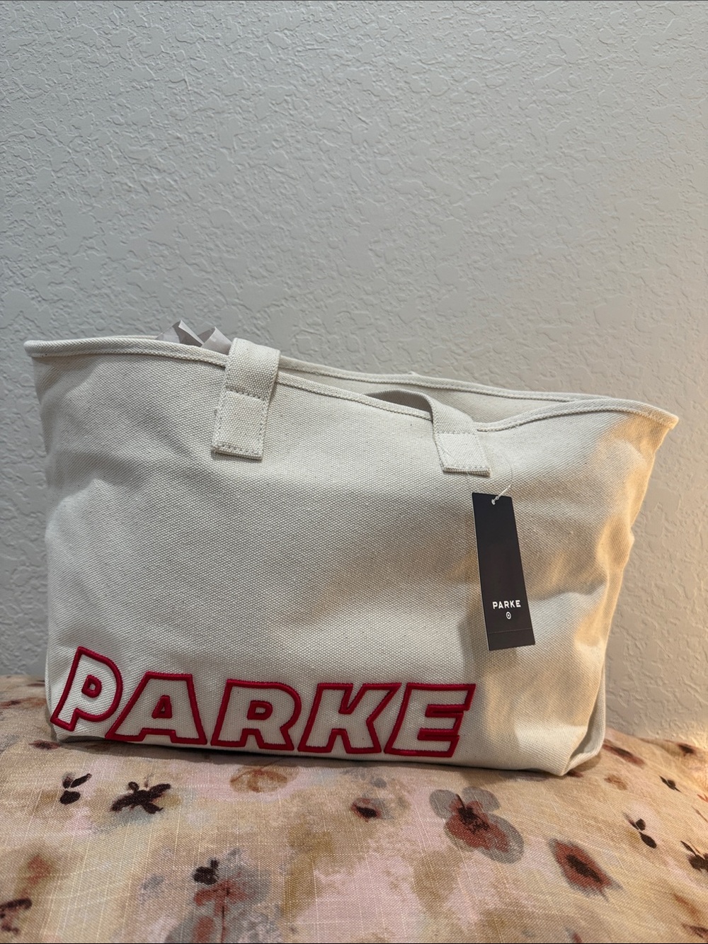 Parke Cream Canvas Tote Bag with Red Logo